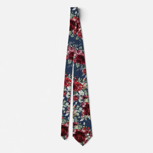 Navy Burgundy Peony Silver Sage Greenery Wedding ネクタイ (裏面)