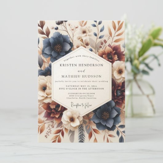 Navy Burnt Orange Autumnal Wedding 招待状 (スタンド正面)