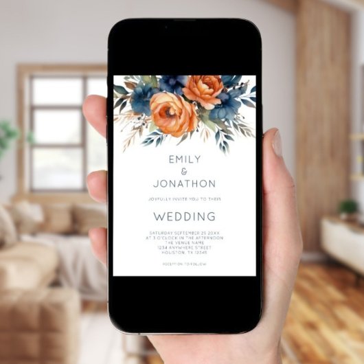 Navy Burnt Orange Florals QR Code Wedding Arch 招待状