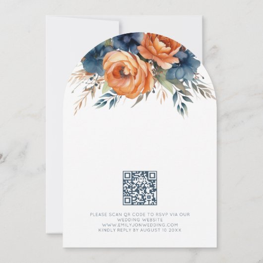 Navy Burnt Orange Florals QR Code Wedding Arch 招待状 (裏面)