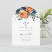 Navy Burnt Orange Florals QR Code Wedding Arch 招待状 (スタンド正面)