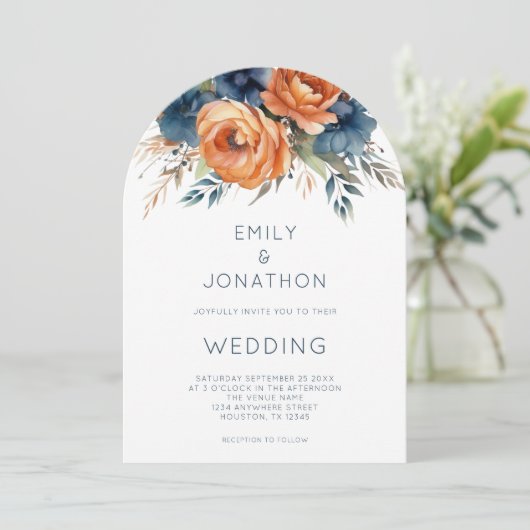 Navy Burnt Orange Florals QR Code Wedding Arch 招待状 (スタンド正面)