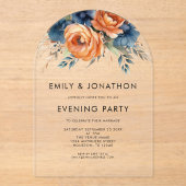 Navy Burnt Orange Florals Wedding Evening Party  アクリル招待状 (正面)