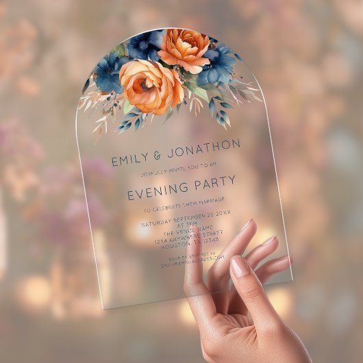 Navy Burnt Orange Florals Wedding Evening Party アクリル招待状
