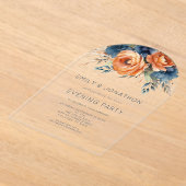 Navy Burnt Orange Florals Wedding Evening Party アクリル招待状 (レイダウン)