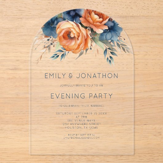 Navy Burnt Orange Florals Wedding Evening Party アクリル招待状 (正面)