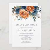 Navy Burnt Orange Florals Wedding Evening Party 招待状 (正面/裏面)