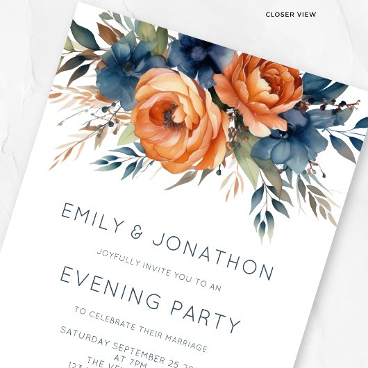 Navy Burnt Orange Florals Wedding Evening Party 招待状