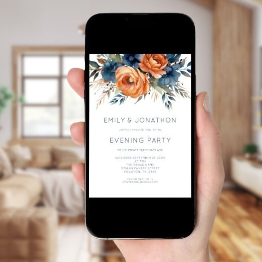 Navy Burnt Orange Florals Wedding Evening Party 招待状