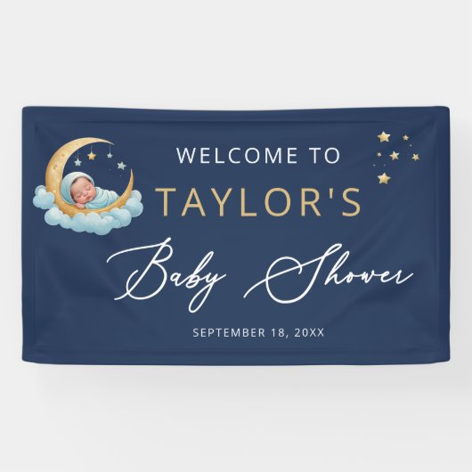 Navy Celestial Moon Stars Baby Shower Banner 横断幕 (横)