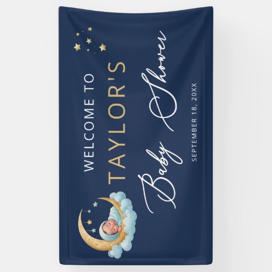 Navy Celestial Moon Stars Baby Shower Banner 横断幕 (縦)