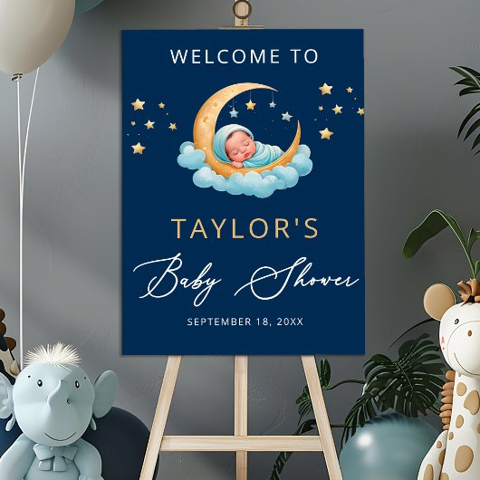 Navy Celestial Moon Stars Baby Shower Welcome Sign ポスター