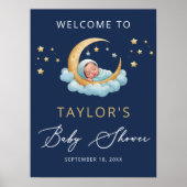 Navy Celestial Moon Stars Baby Shower Welcome Sign ポスター (正面)