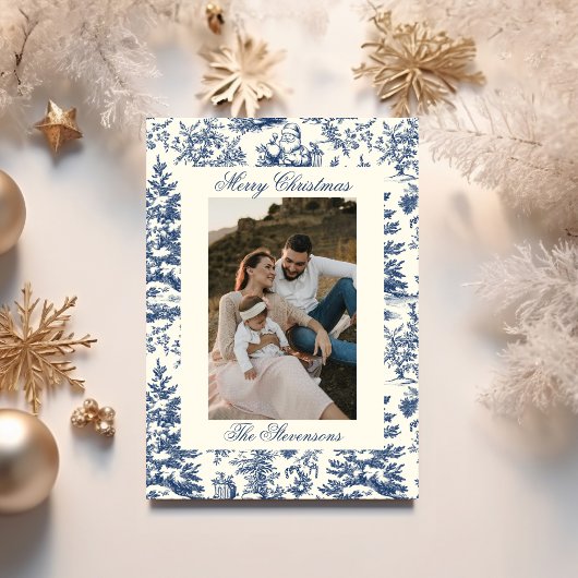 Navy Chinoiserie Toile De Jouy Photo Christmas シーズンカード
