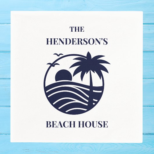 Navy Coastal Palm Tree Beach House スタンダードカクテルナプキン