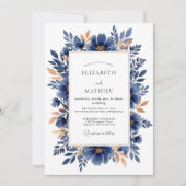 Navy Copper Elegant Botanical Wedding 招待状 (正面)