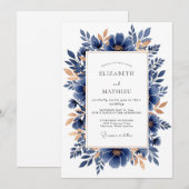 Navy Copper Elegant Botanical Wedding 招待状 (正面/裏面)