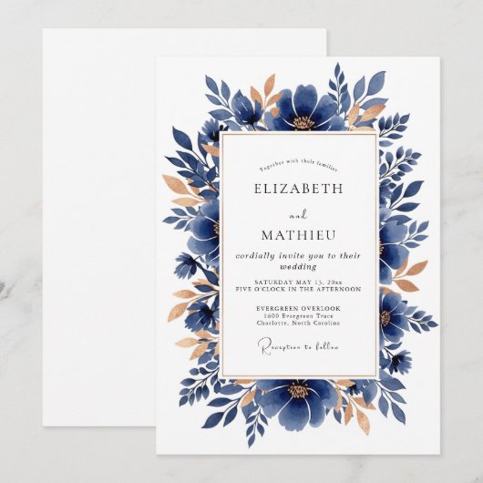 Navy Copper Elegant Botanical Wedding 招待状 (正面/裏面)