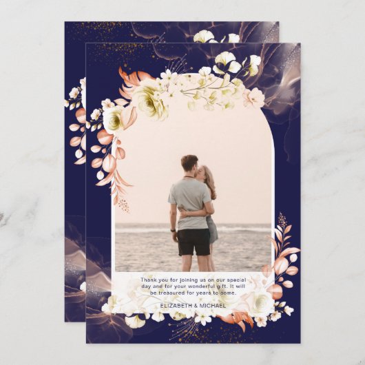 Navy Coralモダンフローラ写真ありがとう サンキューカード (正面/裏面)