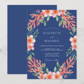 Navy Coral Blossom Arch Wedding 招待状 (正面/裏面)