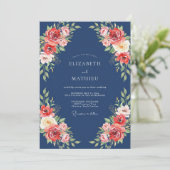 Navy Coral Blossom Flourish Wedding 招待状 (スタンド正面)