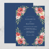 Navy Coral Blossom Flourish Wedding 招待状 (正面/裏面)