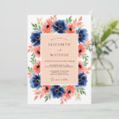 Navy Coral Blossoming Summer Wedding 招待状 (スタンド正面)
