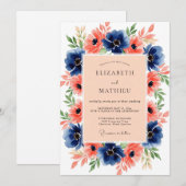 Navy Coral Blossoming Summer Wedding 招待状 (正面/裏面)