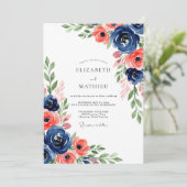 Navy Coral Botanical Bloom Wedding 招待状 (スタンド正面)