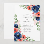 Navy Coral Botanical Bloom Wedding 招待状 (正面/裏面)