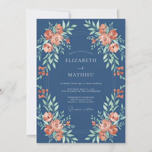 Navy Coral Botanical Flourish Wedding 招待状 (正面)