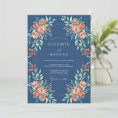 Navy Coral Botanical Flourish Wedding 招待状 (スタンド正面)