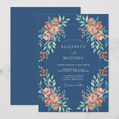 Navy Coral Botanical Flourish Wedding 招待状 (正面/裏面)