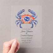 Navy & Coral Floral Crab Coastal Nautical Wedding アクリル招待状 (インサイチュ (ポータブル))