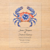 Navy & Coral Floral Crab Coastal Nautical Wedding アクリル招待状 (正面)