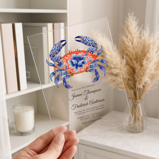 Navy & Coral Floral Crab Coastal Nautical Wedding アクリル招待状
