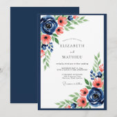 Navy Coral Floral Romance Wedding 招待状 (正面/裏面)