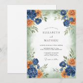 Navy Coral Painterly Bloom Wedding 招待状 (正面/裏面)