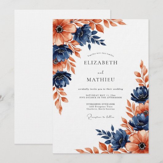 Navy Coral Painterly Blossom Wedding 招待状 (正面/裏面)