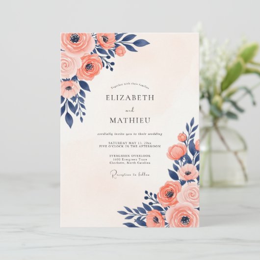 Navy Coral Painterly Summer Wedding 招待状 (スタンド正面)