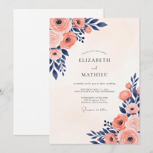 Navy Coral Painterly Summer Wedding 招待状 (正面/裏面)