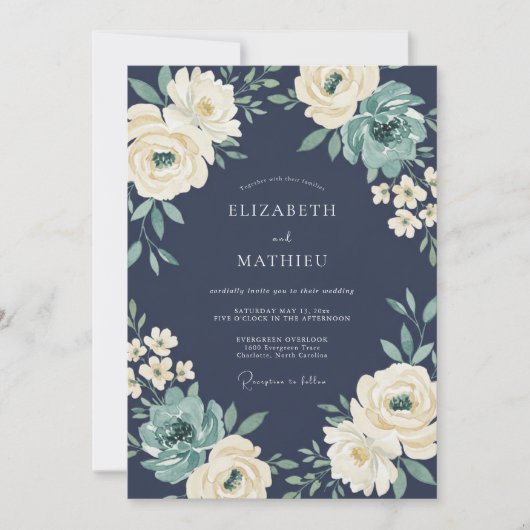 Navy Cream Botanical Romance Wedding 招待状 (正面)