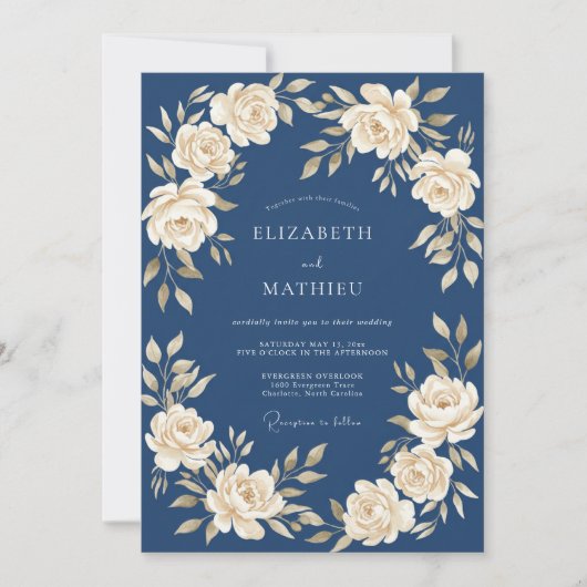 Navy Cream Floral Garland Wedding 招待状 (正面)