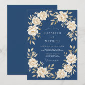 Navy Cream Floral Garland Wedding 招待状 (正面/裏面)