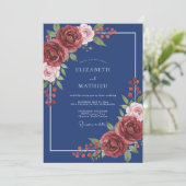 Navy Crimson Blossom Romance Wedding 招待状 (スタンド正面)