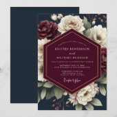 Navy & Crimson Moody Bloom Wedding 招待状 (正面/裏面)