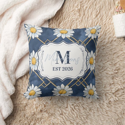 Navy Daisy Gingham Monogram Decor クッション (ブランケット)