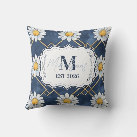 Navy Daisy Gingham Monogram Decor クッション (裏面)