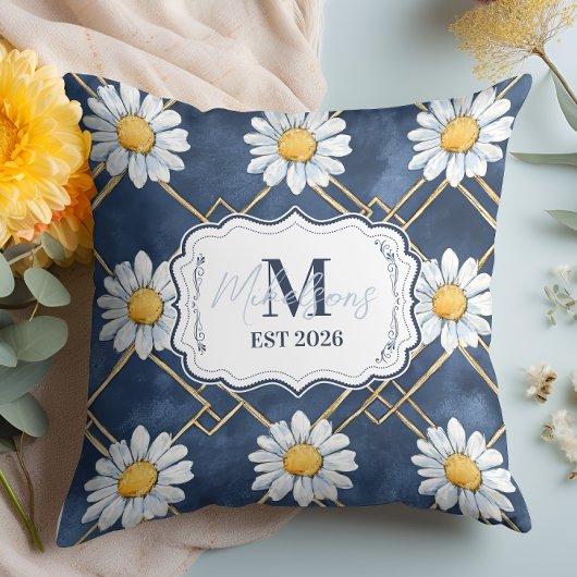 Navy Daisy Gingham Monogram Decor クッション