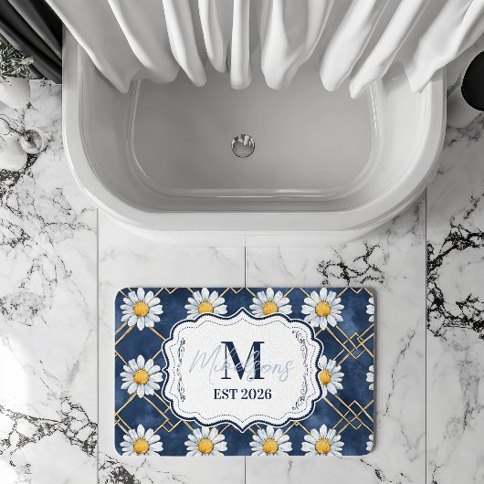 Navy Daisy Gingham Monogram Decor バスマット